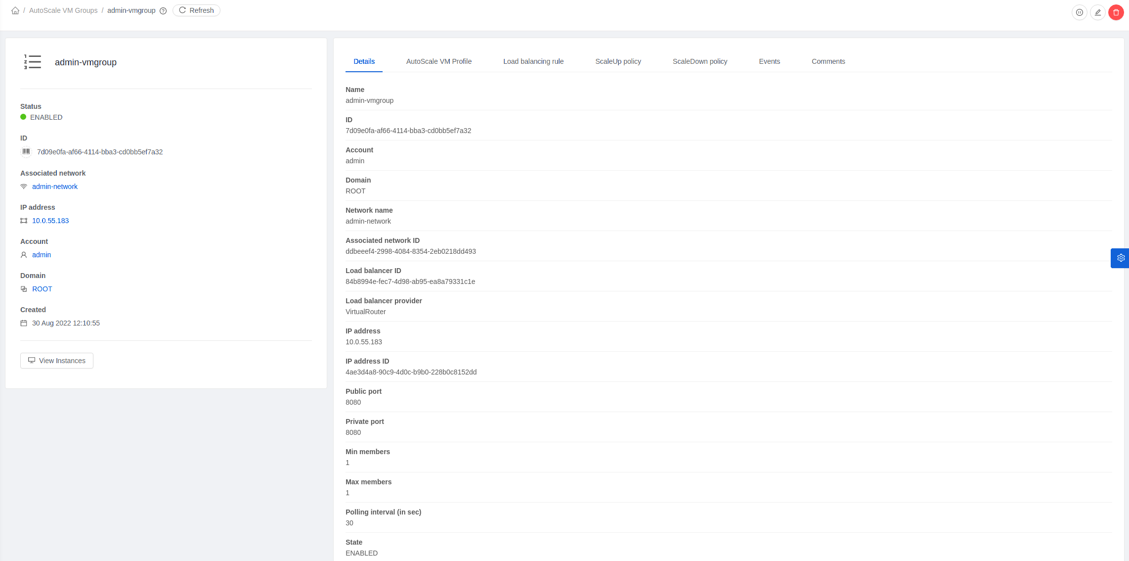AutoScale Instance Group details.