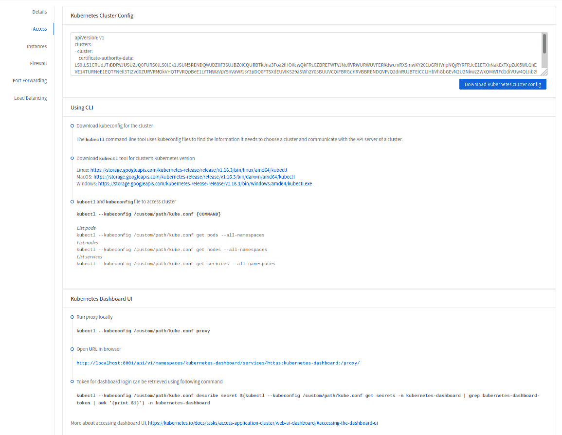 Kubernetes cluster access tab.