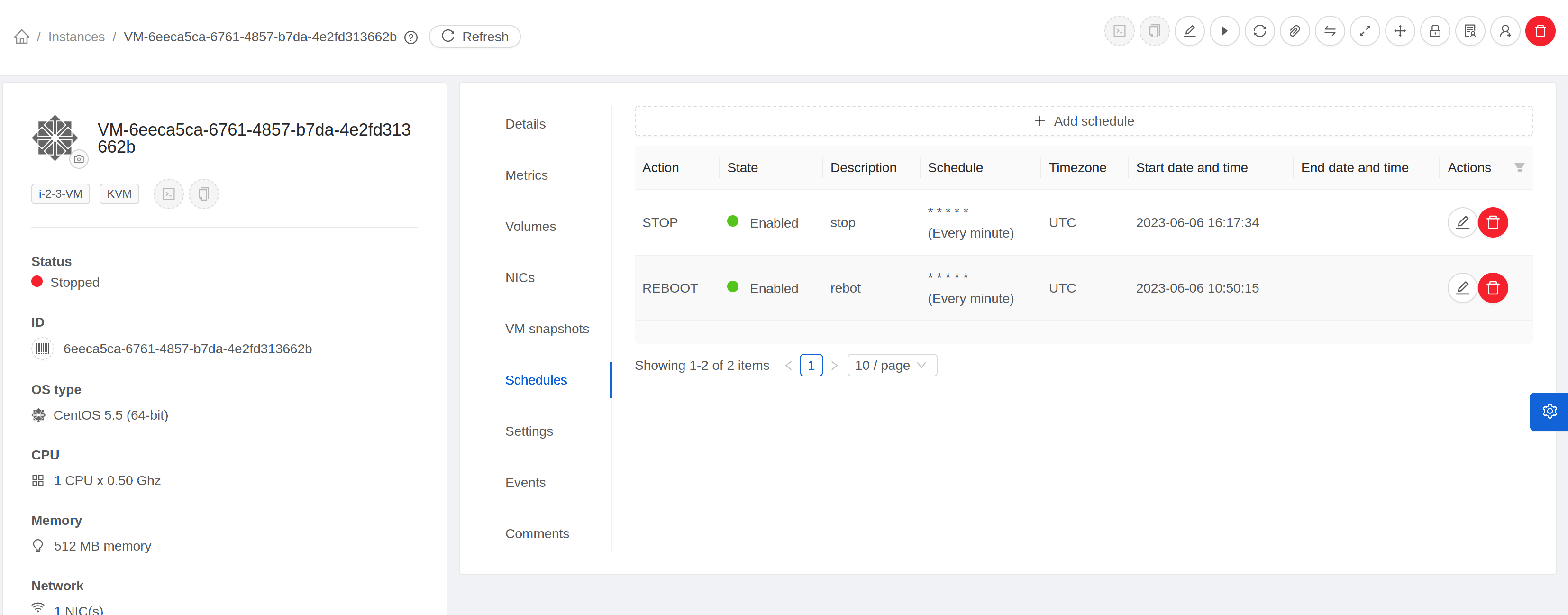 Instance Schedule Tab